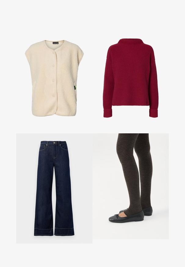 Chaleco sin mangas de forro polar color crema con botones a presión en la parte delantera y cuello redondeado, con una pequeña etiqueta de la marca en el lateral.; Suéter rojo de punto con mangas largas, cuello alto y puños acanalados, mostrado sobre un fondo blanco liso.; Jeans rectos de mezclilla color azul oscuro. Presentan un cierre de botón, detalles de costura y bolsillos laterales. Dobladillo acampanado.; Piernas con leggings oscuros acanalados combinados con bailarinas negras que presentan pequeños detalles de lazo sobre un fondo blanco.
