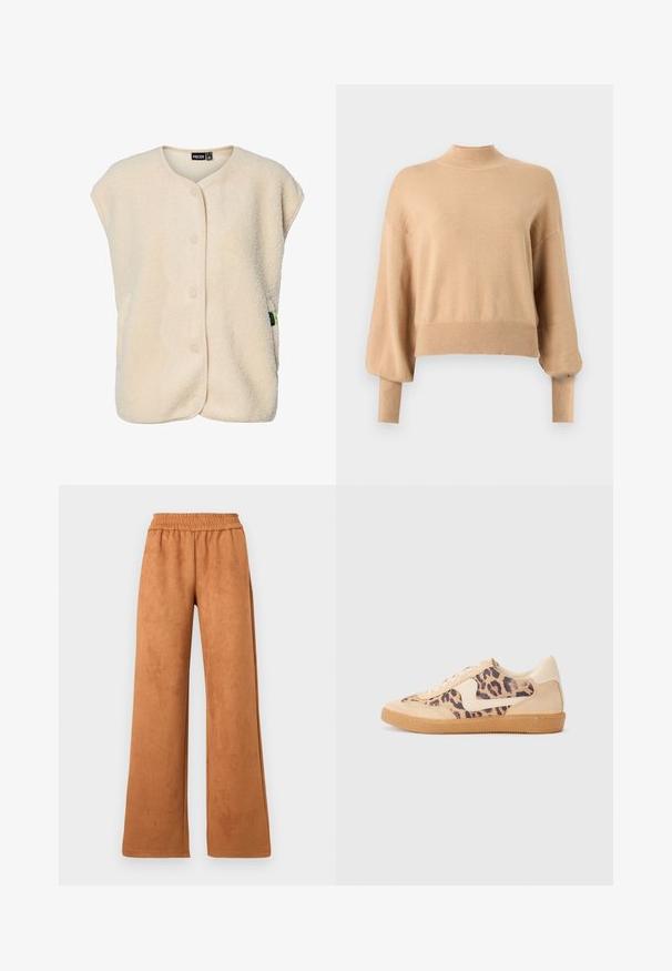 Chaleco sin mangas de forro polar color crema con botones a presión en la parte delantera y cuello redondeado, con una pequeña etiqueta de la marca en el lateral.; Suéter de punto beige con un cuello alto falso, hombros caídos y puños acanalados. Su ajuste relajado presenta una longitud recortada y una textura suave.; Pantalones marrones de pierna ancha hechos de una tela suave. Cuenta con una cinturilla elástica y una textura lisa. Sin bolsillos ni cierres visibles.; Zapatillas de leopardo con parte superior de ante beige, suela de goma marrón y acentos blancos. Punta redonda y diseño con cordones con un acabado texturado.