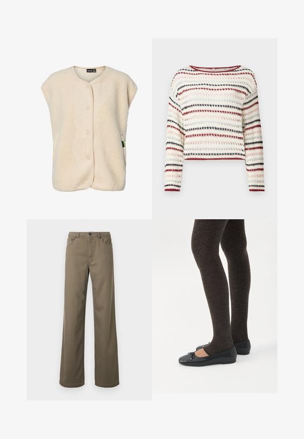 Flødefarvet, ærmeløs fleecevest med trykknapper foran og rund halsudskæring, med et lille mærke fra mærket på siden.; Hæklet sweater med lange ærmer, rund halsudskæring; har skiftende striber i creme, rød, navy og lyserød; tekstureret mønster.; Bukser med brede ben i olivengrøn bomuld, der har lukning med knap, bæltestropper og fem-lomme-design med en glat, holdbar tekstur.; Ben iført mørke ribbede leggings kombineret med sorte balletsko med små sløjfedetaljer på hvid baggrund.