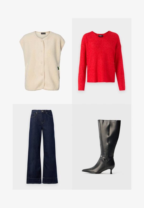Krémovo sfarbená bezrukávová flísová vesta s patentnými gombíkmi vpredu a zaobleným výstrihom, s malou značkovou štítkou na boku.; ONLY ONLCAMILLA V-NECK L/S PULLOVER KNT NOOS - Svetrík - true red; Tmavomodré široké džínsy vyrobené z denimu. Obsahujú zapínanie na gombík, šitie a bočné vrecká. Rozšírený spodný lem.; Čierna kožená čižma po kolená so špicatou špičkou a nízkym podpätkom typu kitten, zobrazená na jednoduchom svetlom pozadí.