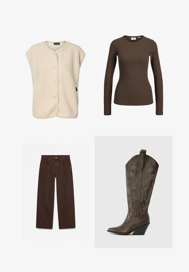Roomkleurig fleecevest zonder mouwen met drukknoopjes aan de voorkant en een ronde hals, voorzien van een klein merkembleem aan de zijkant.; Bruin geribd, nauwsluitend shirt met lange mouwen en ronde hals, gepresenteerd op een witte achtergrond.; Donkerbruine hoge taille rechte broek met knoop aan de voorkant, rits, riemlussen en ontwerp met vijf zakken.; Bruine leren cowboylaars met een spitse neus, wiggenhak en decoratieve borduursels. Heeft een hoge schacht en een trekriem.