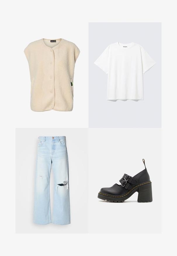 Chaleco sin mangas de forro polar color crema con botones a presión en la parte delantera y cuello redondeado, con una pequeña etiqueta de la marca en el lateral.; Camiseta blanca de manga corta con cuello redondo y un ajuste holgado, con una etiqueta "WEEKDAY" en la parte interior trasera del cuello.; Pantalones vaqueros de pierna ancha en azul claro, confeccionados en denim, con una cintura alta, grandes desgastes en las rodillas y un diseño clásico de cinco bolsillos con herrajes de cobre.; Zapatos de tacón alto negros con una suela texturada, que cuentan con dos hebillas plateadas, costuras amarillas y un lazo en la parte trasera para facilitar su uso.