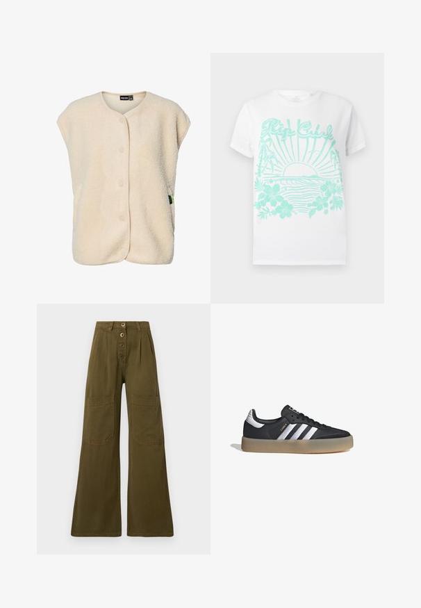 Chaleco sin mangas de forro polar color crema con botones a presión en la parte delantera y cuello redondeado, con una pequeña etiqueta de la marca en el lateral.; Camiseta blanca de manga corta con estampado turquesa de un sol poniéndose sobre las olas del océano, palmeras, flores de hibisco y el texto "Rip Curl".; Pantalones de pierna ancha en verde oliva con cintura alta, cierre frontal de cuatro botones y grandes bolsillos rectangulares en los muslos.; Zapatilla deportiva de cuero negro con tres rayas plateadas, punta texturizada y suela de goma. Cuenta con un collar acolchado y un diseño con cordones.