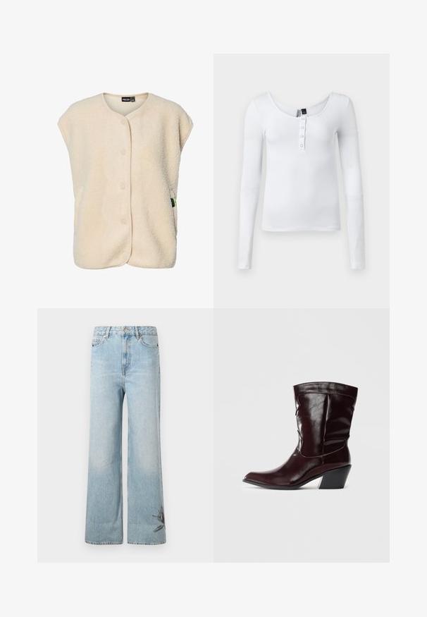 Chaleco sin mangas de forro polar color crema con botones a presión en la parte delantera y cuello redondeado, con una pequeña etiqueta de la marca en el lateral.; Blusa blanca de manga larga y tejido acanalado con escote en forma de barco y cuatro botones en el frente. La tela tiene una textura suave y un diseño ajustado.; Vaqueros de pernera ancha azul claro, hechos de denim, con una textura desvaída y un bordado floral en la parte baja de la pierna izquierda.; Botines de cuero burdeos con punta afilada, superficie texturizada y tacón bajo cónico. Presentan costuras sutiles y un ajuste ceñido.