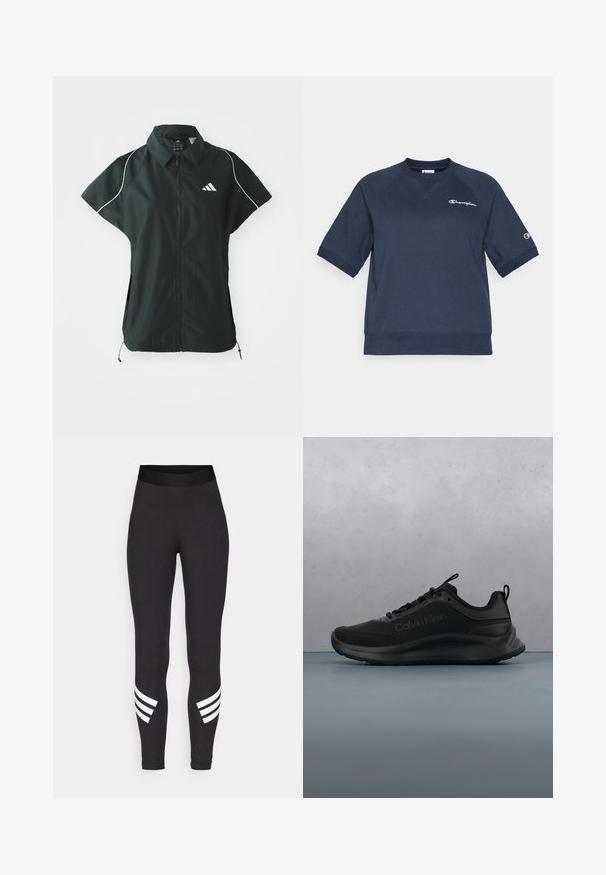 adidas Sportswear STADIUM COVER - Vest - black/off-white; Marineblå bomulds-sweatshirt med korte raglanærmer, ribbet rund halsudskæring og broderet Champion-logo på brystet. Glat tekstur.; Sorte leggings lavet af strækbart materiale, med en bred talje og tre hvide vandrette striber nær de nederste ben.; Sort Calvin Klein-sneaker med tyk sål, svævende over trægulve med små sten, sløret væg og grønne planter i baggrunden.