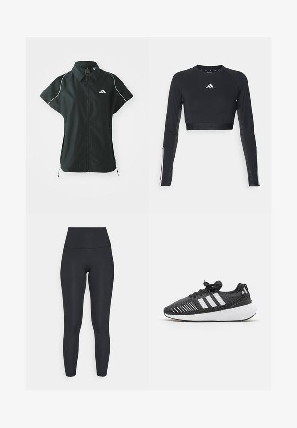 adidas Sportswear STADIUM COVER - Vesta - black/off-white; Čierny krátky športový top s dlhým rukávom vyrobený z hladkej textílie. Obsahuje biele logo na hrudi a pruhované detaily na rukávoch.; adidas Performance ALL ME SCULPT - Legíny - black; Čierne športové topánky s textúrovaným zvrškom, bielym trojprúžkovým dizajnom, gumovou podrážkou a kontrastnými bielymi akcentmi na päte.