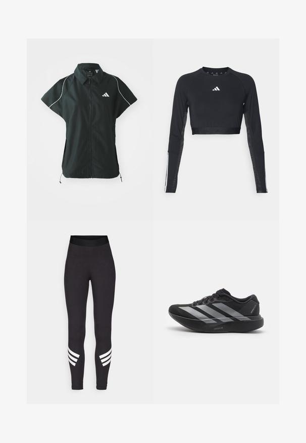 adidas Sportswear STADIUM COVER - Vesta - black/off-white; Čierny krátky športový top s dlhým rukávom vyrobený z hladkej textílie. Obsahuje biele logo na hrudi a pruhované detaily na rukávoch.; Čierne legíny vyrobené z elastického materiálu, s širokým pásom a tromi bielymi horizontálnymi pruhmi blízko dolnej časti nôh.; Čierne bežecké topánky so striebornými pruhmi, s hrubou polstrovanou podrážkou označenou "Lightstrike Pro," bočný pohľad na bielom pozadí.