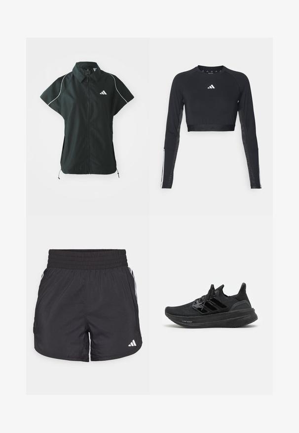 adidas Sportswear STADIUM COVER - Weste - black/off-white; Schwarzes, verkürztes Langarm-Workout-Oberteil aus glattem Material. Mit einem weißen Logo auf der Brust und gestreiften Akzenten an den Ärmeln.; Schwarze Sportshorts mit elastischem Bund, seitlichen Taschen und weißen Streifenakzenten an den Seiten. Hergestellt aus leichtem Material.; Schwarze Sportschuhe mit einem atmungsaktiven Strick-Obermaterial, strukturiertem Design, den charakteristischen drei Streifen und einer dicken, gepolsterten Sohle mit der Bezeichnung "LIGHT BOOST".
