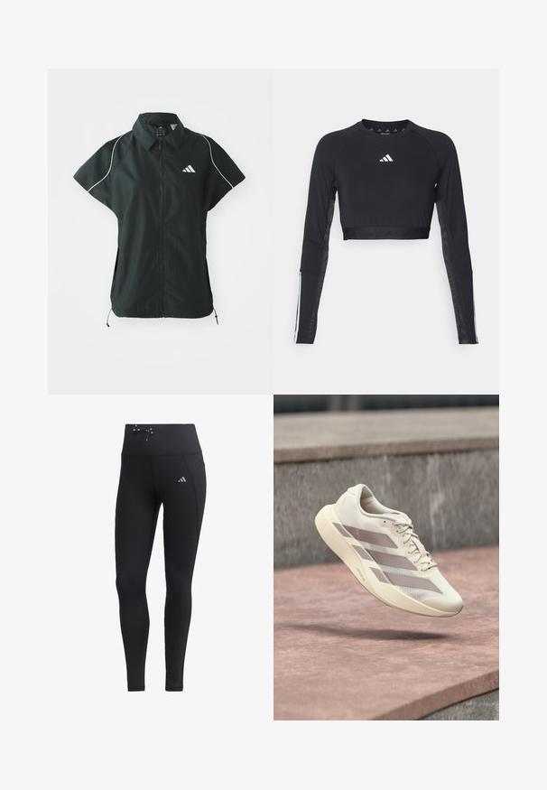 adidas Sportswear STADIUM COVER - Vesta - black/off-white; Čierny krátky športový top s dlhým rukávom vyrobený z hladkej textílie. Obsahuje biele logo na hrudi a pruhované detaily na rukávoch.; Čierne legíny s vysokým pásom, detailom na šnúrku a bočnými vreckami. Vyrobené z hladkej tkaniny s reflexným logom.; Behajúca topánka krémovej farby s taupe pruhmi vznášajúca sa nad povrchom z červenohnedých dlaždíc a sivým kamenným pozadím.