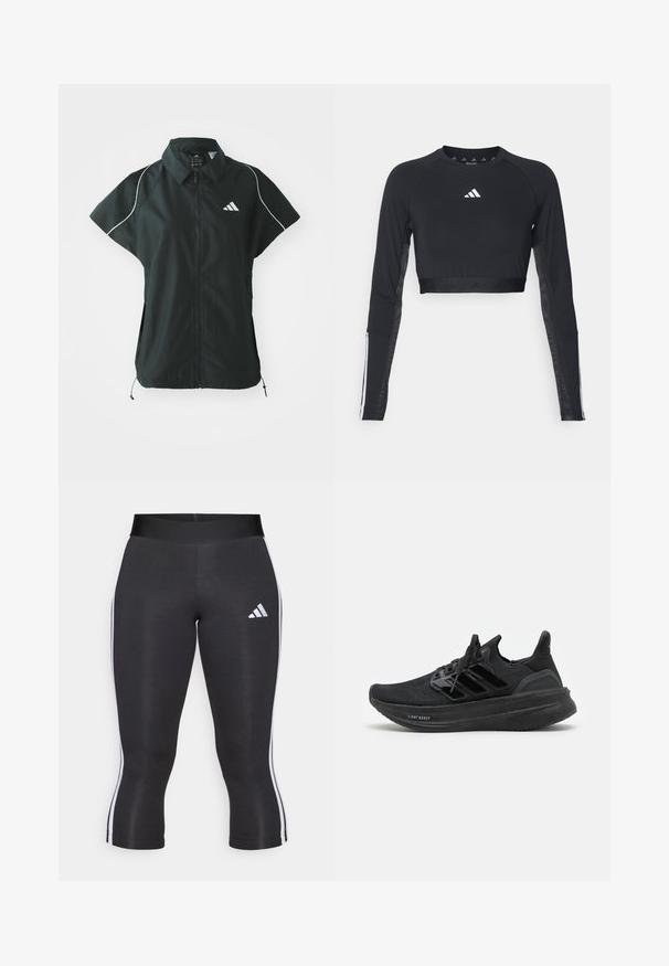 adidas Sportswear STADIUM COVER - Bodywarmer - black/off-white; Zwart geknipt langemouwen workout top van gladde stof. Bevat een wit logo op de borst en gestreepte accenten op de mouwen.; Zwarte capri leggings met een brede tailleband, voorzien van witte zijkanten en een wit Adidas logo op de linker dij. Glad textuur.; Zwarte sport schoenen met een ademende gebreide bovenkant, een gestructureerd ontwerp, het kenmerkende drie-strepen logo en een dikke, gevoerde zool gemarkeerd met "LIGHT BOOST."