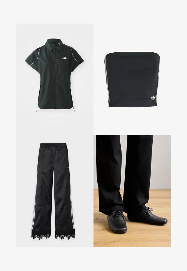 adidas Sportswear STADIUM COVER - Weste - black/off-white; Schwarzes trägerloses Crop-Top mit weißen Seitenstreifen und einem kleinen Logo-Detail am Saum. Glattes Material mit einer taillierten Passform.; Schwarze weit geschnittene Trainingshose mit weißen Seitenstreifen, elastischem Bund und schwarzer Spitzenverzierung am Saum vor hellem Hintergrund.; Person, der schwarze klassisch Schuhe und schwarze Hose trägt, steht auf einem hellen Holzboden vor einem schlichten Hintergrund.