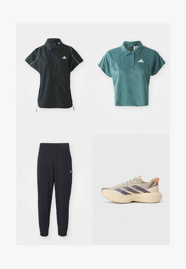adidas Sportswear STADIUM COVER - Weste - black/off-white; Grünes, gekürztes Polo-Shirt mit strukturiertem Muster, kurzen Ärmeln und einem weißen Logo auf der linken Brust. Knopfleiste mit Kontrastbesatz.; Schwarze Sporthosen aus einem glatten Stoff. Tapered-Design mit elastischen Bündchen. Mit kleinem weißen Logo an der linken Hüfte.; Hellbeiger Sportschuh mit grauen Streifen, dicker cremefarbener Sohle, Schnürung vorne und orangefarbenem Zuglasche an der Ferse.