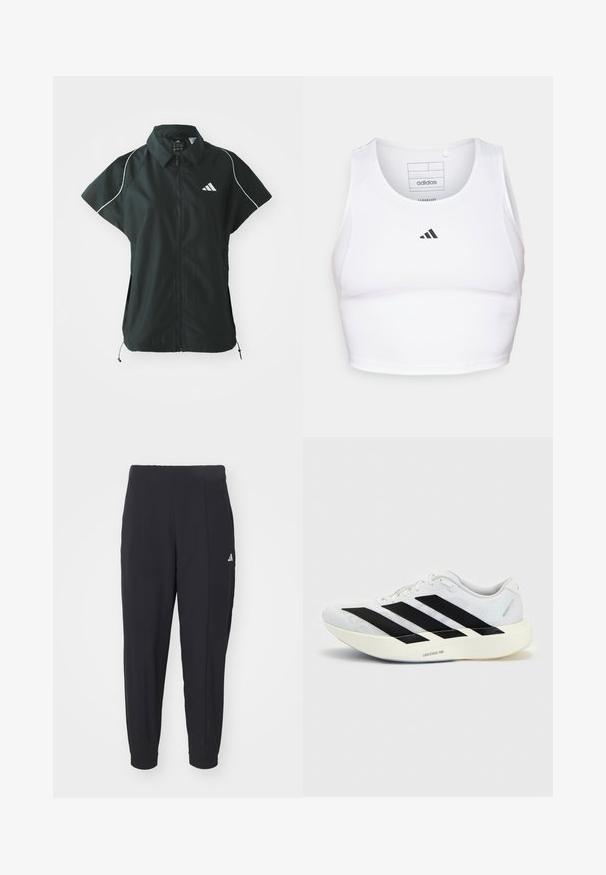 adidas Sportswear STADIUM COVER - Vesta - black/off-white; Biely športový crop top vyrobený z ľahkej, priedušnej tkaniny. Obsahuje sieťované bočné panely a čierne vyšitý logo na hrudi.; Čierne športové nohavice vyrobené z hladkej tkaniny. Zúžený strih s elastickými manžetami. Obsahujú malé biele logo na ľavom boku.; Biela bežecká topánka s čiernym dizajnom so tromi pruhmi na boku a hrubou bielou podrážkou označenou "Lightstrike Pro" na jednofarebnom pozadí.