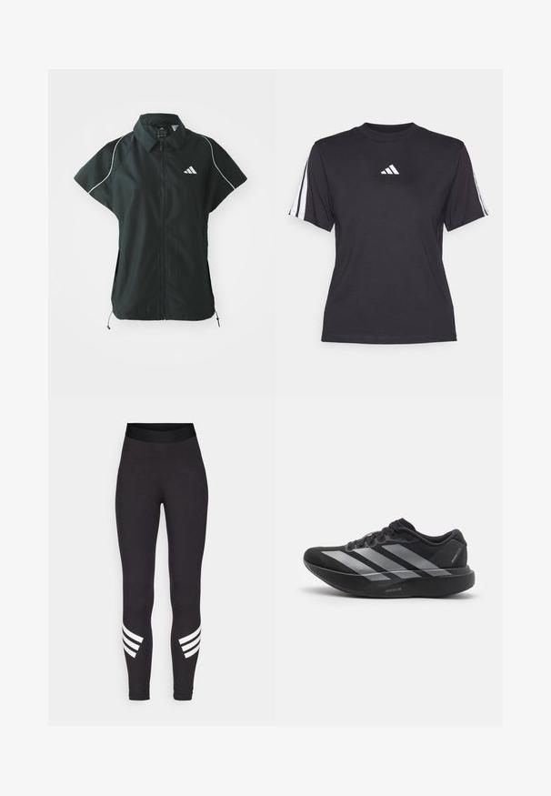 adidas Sportswear STADIUM COVER - Chaleco - black/off-white; Camiseta atlética negra de tejido suave, con cuello redondo, mangas cortas y tres rayas blancas en cada hombro. Logo blanco en el pecho.; Leggings negros hechos de una tela elástica, con una cinturilla ancha y tres franjas blancas horizontales cerca de las pantorrillas.; Zapatilla de running negra con rayas plateadas, suela gruesa y acolchada etiquetada como "Lightstrike Pro", vista lateral sobre fondo blanco.