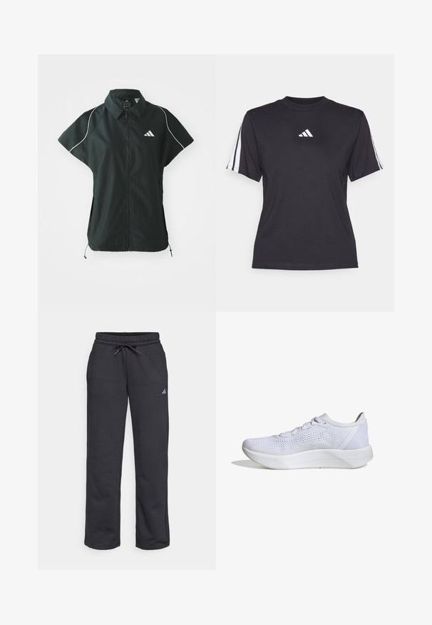 adidas Sportswear STADIUM COVER - Vesta - black/off-white; Čierne športové tričko vyrobené z mäkkého materiálu, s klasickým okrúhlym výstrihom, krátkymi rukávmi a tromi bielymi pruhmi na každom ramene. Biely logo na hrudi.; Čierne tepláky z mäkkého materiálu s elastickým pásom, šnúrkou a malým logom na ľavej nohe.; Biele atletické topánky s priedušným sieťovým zvrškom, šnurovací dizajn, polstrovaný golier a textúrovaná gumová podrážka pre trakciu.