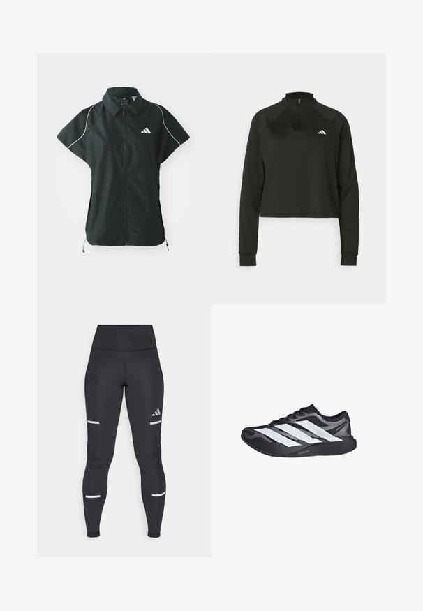 adidas Sportswear STADIUM COVER - Weste - black/off-white; Schwarzer Pullover mit Viertelreißverschluss aus glattem Stoff, langärmlig, mit hohem Kragen und einem weißen Logo auf der linken Brust.; Schwarze Leggings mit einem hohen Bund, aus glattem Material. Verfügt über weiße reflektierende Streifen in der Nähe der Knie und ein Adidas-Logo.; Schwarz-grauer Laufschuh mit drei großen weißen Streifen an der Seite und einer dicken schwarzen Sohle mit der Aufschrift "Lightstrike Pro".