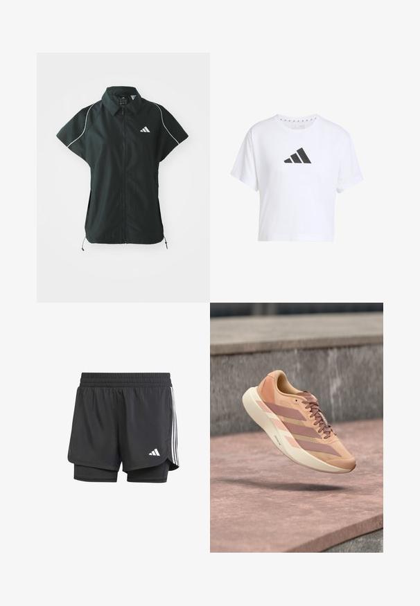 adidas Sportswear STADIUM COVER - Liivi - black/off-white; Valkoinen lyhythihainen crop-t-paita, joka on valmistettu puuvillasta. T-paidassa on musta kolmiraidan logo edessä ja pyöreä kaula-aukko.; Mustat urheilushortsit, joissa on sisäkerros, joustava vyötärö ja valkoiset kolme raitaa sivuilla, pienellä valkoisella logolla. Sileä pinta.; Vaaleanpunainen ja beige lenkkari, jossa kolme raitaa ja paksu pohja, leijuu vaaleanpunaisen betonipinnan yllä, taustalla sumennettu harmaa.