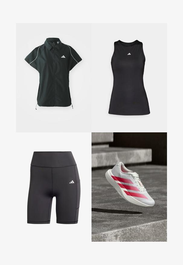 adidas Sportswear STADIUM COVER - Vesta - black/off-white; Čierny bezrúškový športový top z hladkej látky. Disponuje okrúhlym výstrihom a malým bielym logom Adidas na hrudi.; Čierne športové šortky vyrobené z pružného materiálu, s vysokým pásom, plochými švami a bielym logom na ľavom boku.; Biela bežecká obuv s tromi výraznými červenými pruhmi, vo vzduchu nad betónovými schodmi, zdôrazňujúca ľahký dizajn a textúrovanú podrážku.