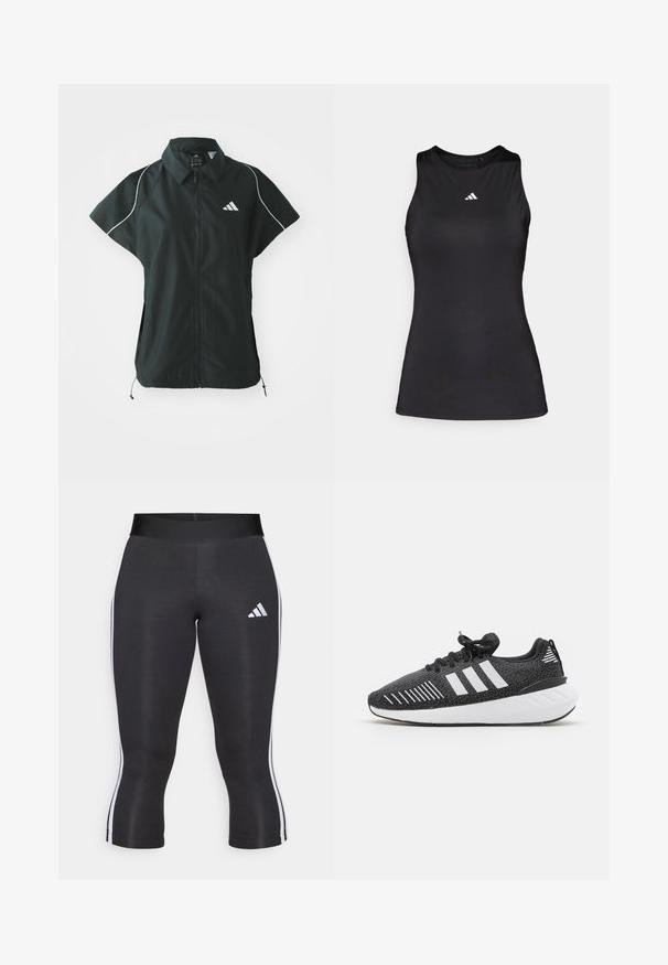 adidas Sportswear STADIUM COVER - Weste - black/off-white; Schwarzes ärmelloses Sportoberteil aus glattem Stoff. Verfügt über einen runden Halsauschnitt und ein kleines weißes Adidas-Logo auf der Brust.; Schwarze Capri-Leggings mit breitem Bund, versehen mit weißen seitlichen Streifen und einem weißen Adidas-Logo auf dem linken Oberschenkel. Glatte Textur.; Schwarze Sportschuhe mit einer strukturierten Oberseite, einem weißen Drei-Streifen-Design, einer Gummisohle und kontrastierenden weißen Akzenten an der Ferse.