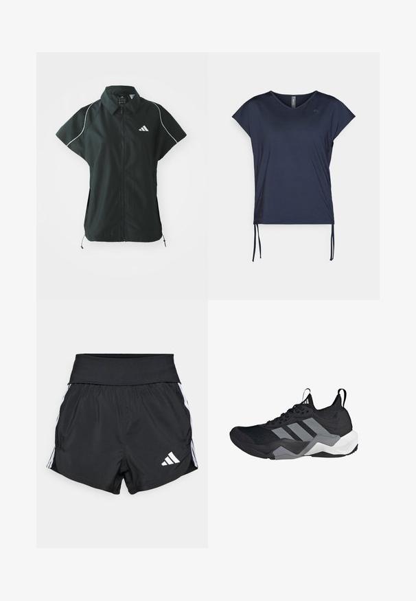 adidas Sportswear STADIUM COVER - Vest - black/off-white; Mørkeblå kortærmet V-hals skjorte med justerbare sidebånd og et lille logo nær venstre skulder.; Sorte atletiske shorts lavet af letvægtsmateriale, med en bred talje, hvide sidelister og et lille hvidt logo nederst på sømmen.; Sorte atletiske sko med en åndbar mesh-overdel, grå accenter, tekstureret sål og tre karakteristiske striber på siden.