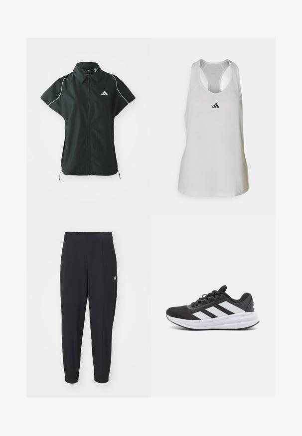 adidas Sportswear STADIUM COVER - Chaleco - black/off-white; Camiseta deportiva blanca de tirantes, confeccionada en un tejido ligero, con un diseño de espalda cruzada y un pequeño logo negro en el pecho.; Pantalones deportivos negros fabricados con una tela suave. Diseño entallado con puños elásticos. Presenta un pequeño logo blanco en la cadera izquierda.; Zapatilla deportiva negra con un upper de tela texturizada, que presenta tres rayas blancas en el lateral, una entresuela blanca y una suela de goma.