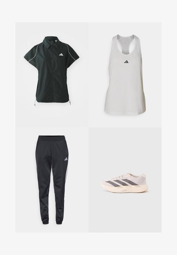 adidas Sportswear STADIUM COVER - Vesta - black/off-white; Biely športový tielko vyrobené z ľahkej tkaniny, so športovým strihom a malým čiernym logom na hrudi.; Čierne športové nohavice s elastickým pásom, zúženými nohavicami a bielymi bočnými pruhmi. Na ľavom stehne je malé šedé logo trefoil.; Ľahké športové tenisky v bledoružovej a šedej farbe, s priedušným sieťovaným zvrškom, troma tmavými pásmi a hrubou krémovou podrážkou označenou "LIGHTSTRIKE PRO".