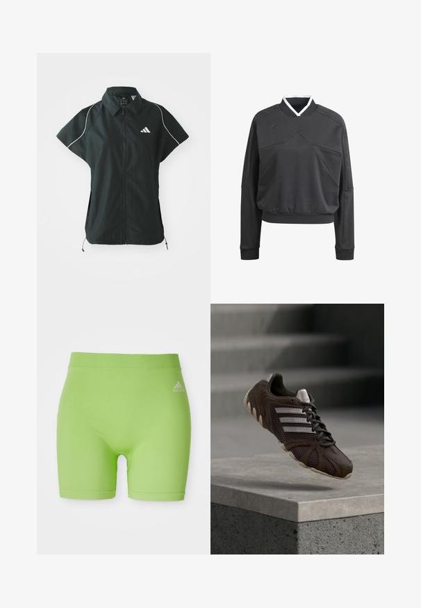 adidas Sportswear STADIUM COVER - Liivi - black/off-white; Tummanharmaa huppari, jossa on pystykaulus, angularisilla muodoilla ja ribbailla hihoilla. Kangas on sileäpintaista ja siinä on valkoisia yksityiskohtia.; Vihreät urheilushortsit, jotka on valmistettu joustavasta kankaasta, jossa on keskikorkea vyötärö ja Adidas-logo etupuolella oikealla puolella.; Tummaa ruskeaa Adidas-tennaria, jossa on verkkopäällinen, kolme valkoista raitaa ja kuvioitu pohja, roikkumassa betonialustan yläpuolella, taustalla sumeat portaat.