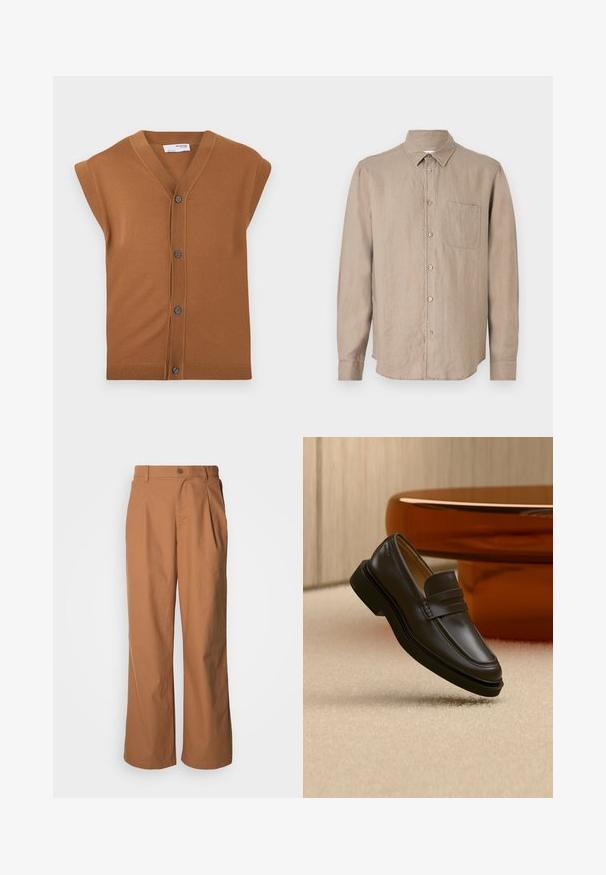 Brun strikket ærmeløs cardigan med V-hals, fem knapper og ribbet kant. Blød tekstur, afslappet design der er velegnet til lag-på-lag.; Brun linned skjorte med lange ærmer, spids krave, knaplukning, enkelt brystlomme og afslappet pasform. Blød tekstur og let design.; Bukser med vide ben i et varmt brunt stof, med frontknaplukning, diskrete folder og en lige pasform for en afslappet komfort.; Sort læderloafer, der svæver over et beige tæppe med brunt afrundet møbel i baggrunden.