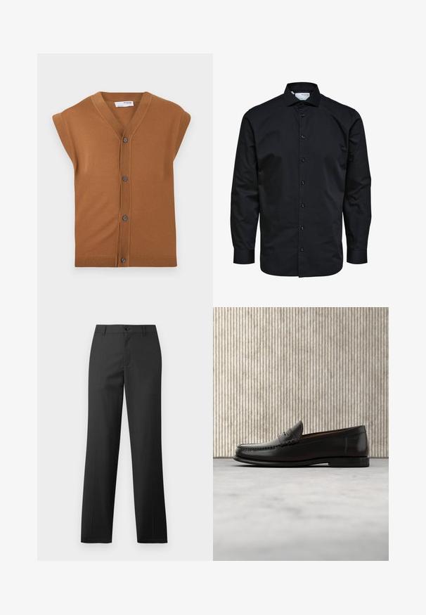 Brun strikket ærmeløs cardigan med V-hals, fem knapper og ribbet kant. Blød tekstur, afslappet design der er velegnet til lag-på-lag.; Herre langærmet sort skjorte med knaplukning foran og klassisk krave, lavet af glat stof.; Samsøe Samsøe SAJOHNNY TROUSERS - Bukser - turkish coffee; Sort læder penny loafer med lav hæl, rundet tå og syningsdetaljer langs fronten og siderne, vist på neutral baggrund.