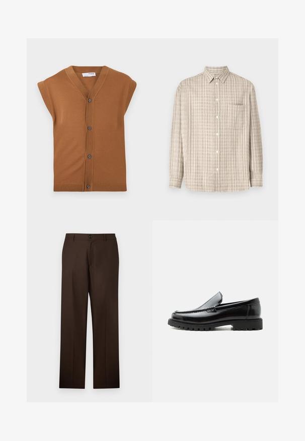 Brun strikket ærmeløs cardigan med V-hals, fem knapper og ribbet kant. Blød tekstur, afslappet design der er velegnet til lag-på-lag.; Button-up skjorte i lys beige, med et ternet mønster, lange ærmer, en brystlomme og et almindeligt kravedesign.; Brune, skræddersyede bukser med lige ben-design, knaplukning og glat stoftekstur. Ingen synlige mønstre eller accenter.; Sort læderloafer med chunky gummisål, syet overdel og præget mærkenavn på hælen, vist i sideprofil på hvid baggrund.
