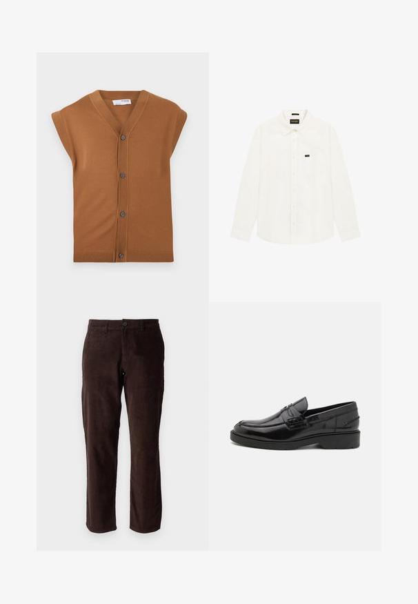 Brun strikket ærmeløs cardigan med V-hals, fem knapper og ribbet kant. Blød tekstur, afslappet design der er velegnet til lag-på-lag.; Hvid langærmet skjorte med knapper, krave, brystlomme og lille Wrangler-logo på lommen og nakkeetiketten.; Brune fløjl bukser med lige ben design, med knaplukning og subtil tekstur. Ideelle til afslappet eller semi-formelt brug.; Sorte læder loafers med en glat finish, rund tå, lav hæl og dekorativ syning langs forsiden. Gummisål for godt greb.