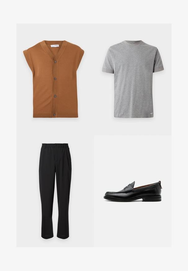 Brun strikket ærmeløs cardigan med V-hals, fem knapper og ribbet kant. Blød tekstur, afslappet design der er velegnet til lag-på-lag.; Kortærmet grå t-shirt lavet af blødt bomuld. Har en rund halsudskæring med en kontrastfarvet kant og en lige kant forneden.; Sorte bukser med elastisk liv, knaplukning og lige ben-design. Glat stof, ingen synlige mønstre eller accenter.; Sort læder herre loafer med moc-tå syning, penny strop, struktureret krave og lav stablet hæl på hvid baggrund.