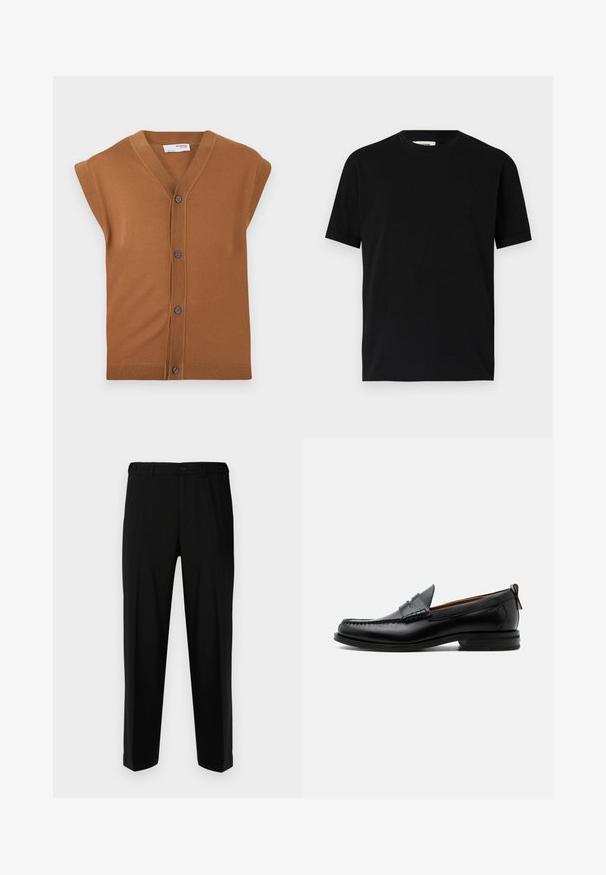 Brun strikket ærmeløs cardigan med V-hals, fem knapper og ribbet kant. Blød tekstur, afslappet design der er velegnet til lag-på-lag.; Sort kortærmet t-shirt lavet af bomuld med rund halsudskæring og løs pasform. Glat tekstur, ingen mønstre eller synlige logoer.; Sorte bukser lavet af glat stof, med lige snit, to forlommer og lynlås med knaplukning.; Sort læder herre loafer med moc-tå syning, penny strop, struktureret krave og lav stablet hæl på hvid baggrund.