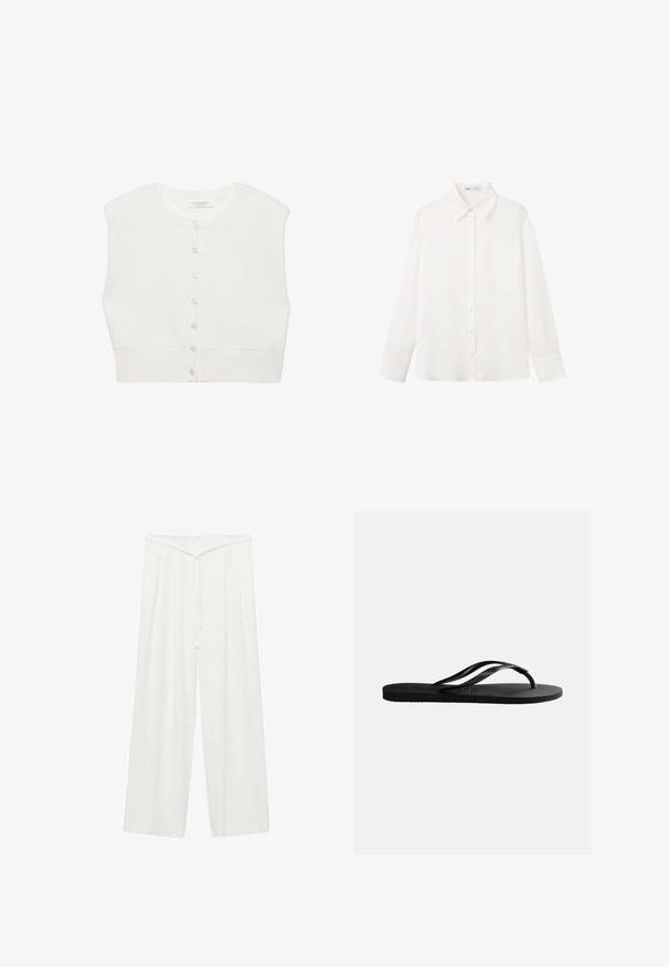 Cardigan court blanc sans manches avec col rond et fermeture avant à boutons, ourlet côtelé, et étiquette de marque à l'intérieur du col.; Chemise blanche à manches longues boutonnée, avec un col pointe et de larges poignets, en tissu uni et lisse.; Pantalon blanc à jambes larges avec une taille haute, dotés d'une ceinture à nouer, d'une texture douce et de plis avant pour plus de structure. Design minimal.; Sandale tong en caoutchouc noir avec semelle texturée et fines brides en Y sur un fond blanc uni.
