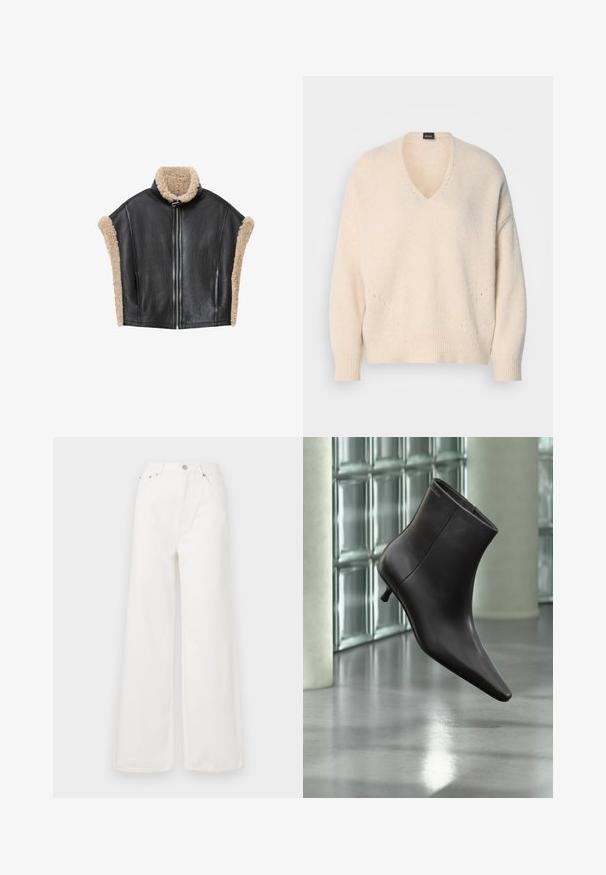 Chaleco de cuero negro con cuello y ribetes de borrego beige, que cuenta con cremallera frontal y laterales abiertos para un diseño estructurado.; Suéter de cuello en V y manga larga en tejido suave color crema. Presenta puños y dobladillo acanalados, con un sutil detalle de punto abierto en la parte frontal.; Jeans de mezclilla de cintura alta y pierna ancha en color blanco. Cuenta con bolsillos delanteros, un cierre de botón y detalles de dobladillo deshilachado.; Bota de cuero negro para el tobillo con puntera puntiaguda y tacón pequeño, exhibida frente a una pared de bloques de vidrio y un suelo pulido.