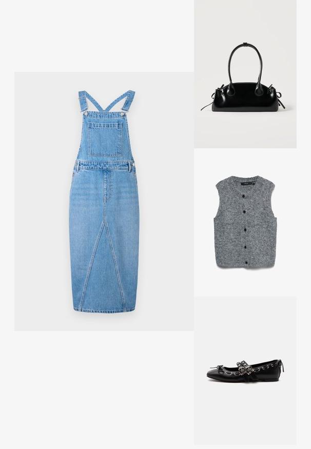 Grijs gebreid mouwloos vest met een zachte textuur, voorzien van een ronde halslijn en zes zwarte knopen aan de voorkant.; Lichtblauwe denim tuinbroekjurk met verstelbare schouderbanden, een voorzak, een rechte rok met een subtiele split en een gladde textuur.; Zwarte platte balletschoen met dubbele gespsluitingen, zilveren oogjes en een klein strikje nabij de afgeronde neus op een witte achtergrond.; Kleine zwarte glanzende handtas met twee lange hengsels en zijkant trekkoord details op een effen lichte achtergrond.