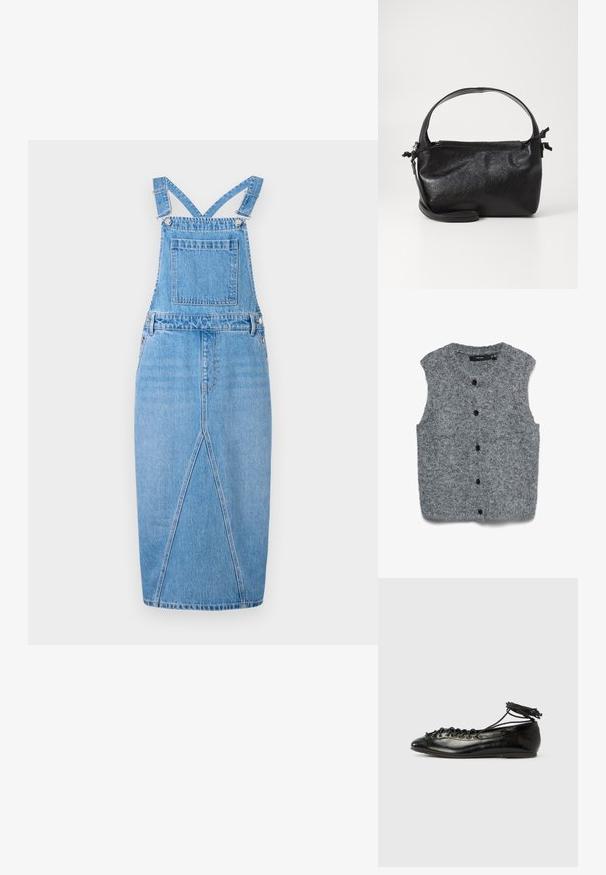 Grijs gebreid mouwloos vest met een zachte textuur, voorzien van een ronde halslijn en zes zwarte knopen aan de voorkant.; Lichtblauwe denim tuinbroekjurk met verstelbare schouderbanden, een voorzak, een rechte rok met een subtiele split en een gladde textuur.; Zwarte ballerina's van lakleer met een afgeronde neus, veterdesign en een platte zool. Glad oppervlak met minimale details.; Zwarte leren handtas met een gestructureerd ontwerp, een ronde bovenhandgreep en een afneembare schouderriem. Beschikt over een gladde textuur en een subtiele glans.