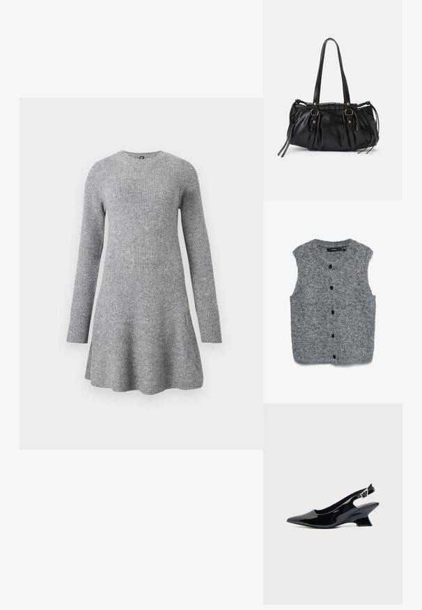 Chaleco gris sin mangas de punto con una textura suave, que presenta un escote redondeado y seis botones negros en la parte frontal.; Vestido de punto gris con mangas largas, escote redondo, un corte relajado y una textura acanalada sutil. La falda se ensancha ligeramente hacia el dobladillo.; Zapato slingback de cuero charol negro con puntera puntiaguda y tacón bajo en bloque inclinado sobre fondo claro liso.; Bolso de mano de cuero negro con forma redondeada, asas dobles, acentos de hardware decorativo y detalles de lazo en los laterales. Textura lisa y brillante.