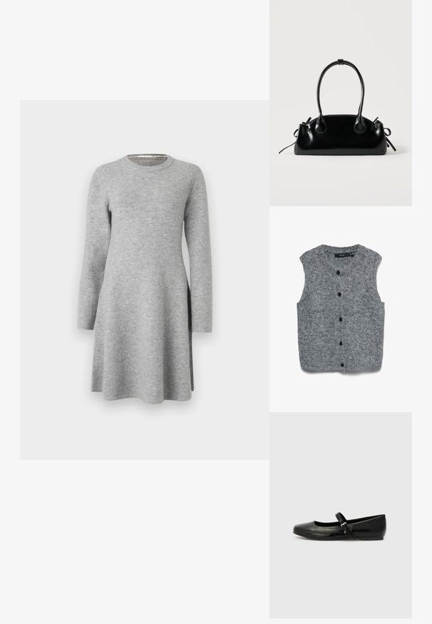 Chaleco gris sin mangas de punto con una textura suave, que presenta un escote redondeado y seis botones negros en la parte frontal.; Vestido largo gris de manga larga hecho de una tela suave; presenta un escote redondo y un corte relajado, con un leve aumento en el dobladillo y aberturas laterales.; Bailarinas de cuero negro con punta redondeada, suela plana y una delgada correa ajustable en el empeine que cuenta con una hebilla de metal.; Pequeño bolso negro brillante con dos asas largas y detalles de cordón lateral sobre un fondo claro liso.
