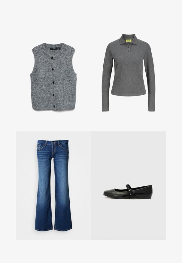 Chaleco gris sin mangas de punto con una textura suave, que presenta un escote redondeado y seis botones negros en la parte frontal.; Polo de manga larga de color gris oscuro con tres botones y tejido acanalado, con una etiqueta amarilla JJXX en el interior del cuello.; Jeans de mezclilla acampanados en azul oscuro, con un diseño clásico de cinco bolsillos, cierre de botón y costuras contrastantes. Textura suave.; Bailarinas de cuero negro con punta redondeada, suela plana y una delgada correa ajustable en el empeine que cuenta con una hebilla de metal.