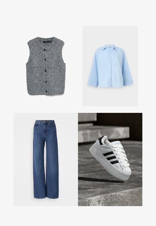 Grå strikket ærmeløs vest med blød tekstur, med rund halsudskæring og seks sorte knapper ned foran.; Lyseblå, oversized skjorte med knapper, brede trekvartlange ærmer og klassisk krave, vist fladt på en lys baggrund.; Højtaljede, brede jeans i mørkeblå denim. Har fem lommer, bæltestropper og en blød tekstur med kontrasterende syninger.; Hvid sneaker med sorte striber og snørebånd svævende over betontrapper, der viser siden og fronten af skoen.