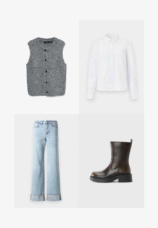 Chaleco gris sin mangas de punto con una textura suave, que presenta un escote redondeado y seis botones negros en la parte frontal.; Camisa de botón de manga larga color azul claro, con cuello, rayas verticales y un bolsillo en el pecho. Fabricada con un tejido suave.; Jeans de mezclilla de color azul claro con piernas anchas, dobladillos deshilachados y detalles decorativos de strass en los puños. Diseño estándar de cinco bolsillos.; Botín de piel marrón oscuro que llega hasta la mitad de la pantorrilla, con puntera redonda, suela negra gruesa, tacón bajo y una lengüeta en la parte posterior.