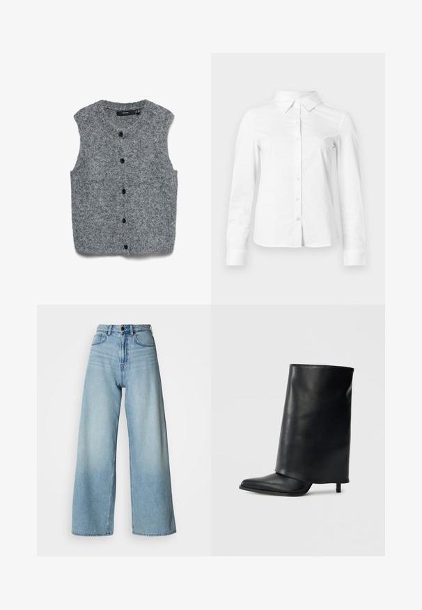 Chaleco gris sin mangas de punto con una textura suave, que presenta un escote redondeado y seis botones negros en la parte frontal.; Camisa blanca de manga larga con botones, cuello puntiagudo, bajo recto y silueta ajustada, presentada sobre un fondo claro y liso.; Jeans de mezclilla azul claro de talle alto y pierna ancha, con diseño de cinco bolsillos y sutiles desgastes para dar textura.; Botín de cuero negro con un diseño estructurado y solapa doblada, punta afilada y tacón delgado. Textura lisa con detalles mínimos.