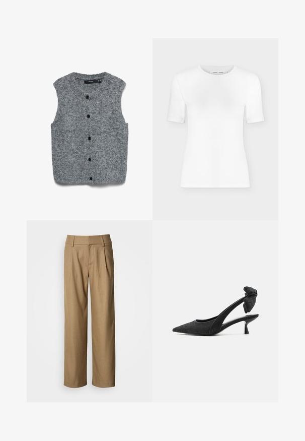 Chaleco gris sin mangas de punto con una textura suave, que presenta un escote redondeado y seis botones negros en la parte frontal.; Camiseta blanca de manga corta con cuello redondo, ajuste slim y textura de tejido acanalado, mostrada sobre un fondo liso gris claro.; Pantalones marrones de pierna ancha con tela texturizada, que presentan plisados delanteros y una cintura clásica. Corte recto con un ajuste holgado.; Zapato de tacón bajo tipo kitten heel con puntera puntiaguda, trasera con tira slingback, tejido texturizado y detalle de lazo anudado en la correa del talón.