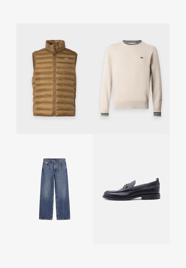 Bruine gewatteerde mouwloze vest met een hoge kraag, ritssluiting aan de voorkant en zijzakken. Er is een klein logo op de borst.; Beige trui van gebreide stof, met een ronde halslijn, geribbelde manchetten met zwarte en groene strepen, en een klein logo op de borst.; Blauwe rechte denim jeans met voorzakken, riemlussen en knoopsluiting, plat gelegd op een witte achtergrond.; Zwarte leren loafer met grijze, gestructureerde vamp, zilveren metalen gesp, lage hak en trekkoord aan de achterkant.