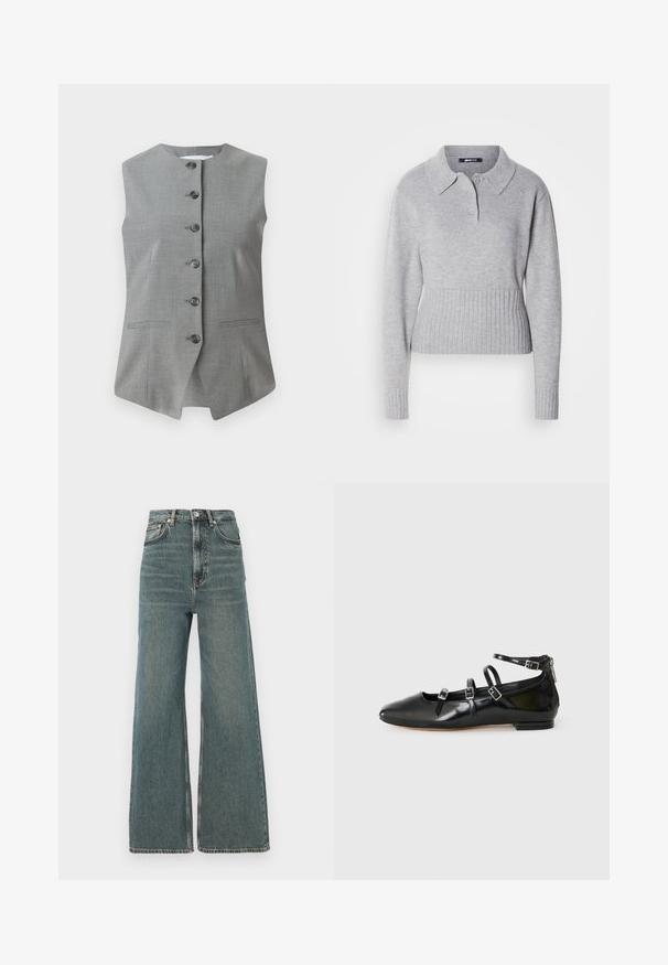Grå ærmeløs vest med rund udskæring, frontal knaplukning og to sidelommer. Fremstillet af et struktureret stof med en skræddersyet pasform.; Grå strikket sweater med krave, tre knapper og ribbet kant. Har lange ærmer og en blød tekstur.; Høj talje brede jeans i en falmet blå denim, med klassisk fem-lomme styling og lynlås med knaplukning.; ALDO NELTA - Ballerinasko - black