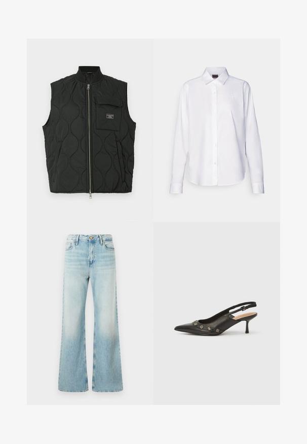 Chaleco acolchado negro con cuello alto, cierre frontal de cremallera y un bolsillo en el pecho izquierdo. Patrón texturizado y etiqueta de marca en el bolsillo.; Camisa blanca de manga larga con botones, hecha de algodón. Presenta un cuello clásico y un sutil bordado de la marca en el pecho. Textura suave.; Jeans de mezclilla azul claro con campana y cintura alta, bolsillos frontales y cremallera. La tela tiene un acabado desgastado y es ligeramente texturizada.; Zapato de tacón con talón descubierto en piel negra, punta puntiaguda, tacón pequeño y detalles metálicos decorativos a lo largo de la abertura frontal. Textura lisa.