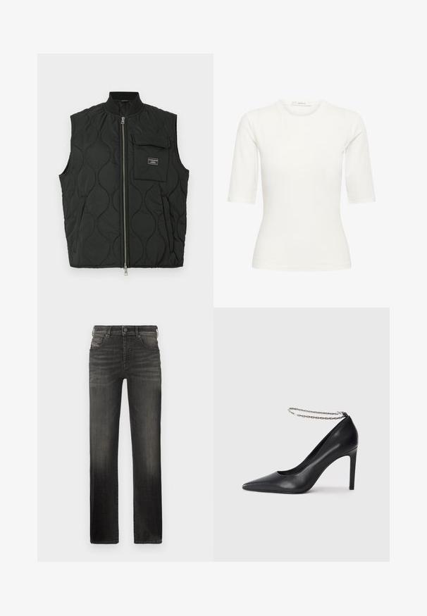 Schwarze gesteppte Weste mit hohem Kragen, vorne mit Reißverschluss und einer Tasche auf der linken Brust. Texturiertes Muster und Markenlabel auf der Tasche.; Weißes, figurbetontes Kurzarmshirt mit Rundhalsausschnitt und Etikett "GESTUZ" am Kragen.; Schwarze Jeans aus Denim mit geraden Beinen, einem ausgewaschenen Look, fünf Taschen und einem Metallknopfverschluss am Bund.; Schwarze Leder-Pumps mit hohen Absätzen und spitz zulaufender Zehenpartie, ausgestattet mit einem dünnen silbernen Kettenknöchelriemen und einer eleganten, glatten Textur.