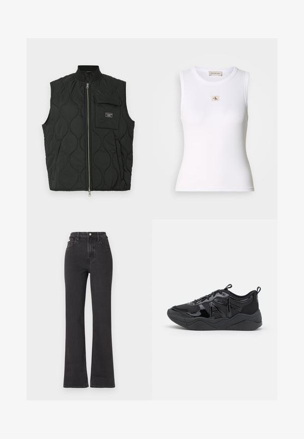 Chaleco acolchado negro con cuello alto, cierre frontal de cremallera y un bolsillo en el pecho izquierdo. Patrón texturizado y etiqueta de marca en el bolsillo.; Camiseta sin mangas blanca con canalé y etiqueta de Calvin Klein Jeans en el pecho y etiqueta interior en el cuello.; Jeans de cintura alta negros en tejido de mezclilla, con cierre de botón, presillas para cinturón y bolsillos laterales. Textura suave con un desvanecimiento mínimo.; Zapatillas deportivas negras que presentan una mezcla de texturas mate y brillantes, puntera redondeada, cuello acolchado y suela exterior de goma texturizada.