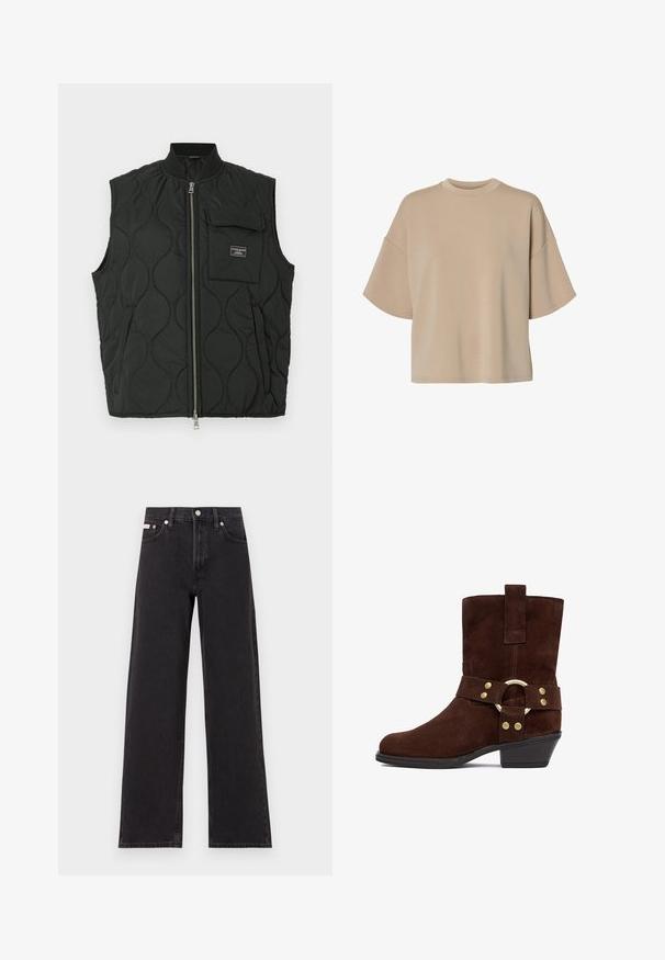 Chaleco acolchado negro con cuello alto, cierre frontal de cremallera y un bolsillo en el pecho izquierdo. Patrón texturizado y etiqueta de marca en el bolsillo.; Camiseta de manga corta oversize beige con cuello redondo y hombros caídos, mostrada sobre fondo blanco.; Jeans anchos de mezclilla negros, con cintura alta, cinco bolsillos y cierre de botón metálico con costuras contrastantes.; Bota de ante marrón hasta el tobillo con punta redondeada, adornada con una correa que lleva un anillo de metal y tachuelas. Tacón cónico que añade altura.
